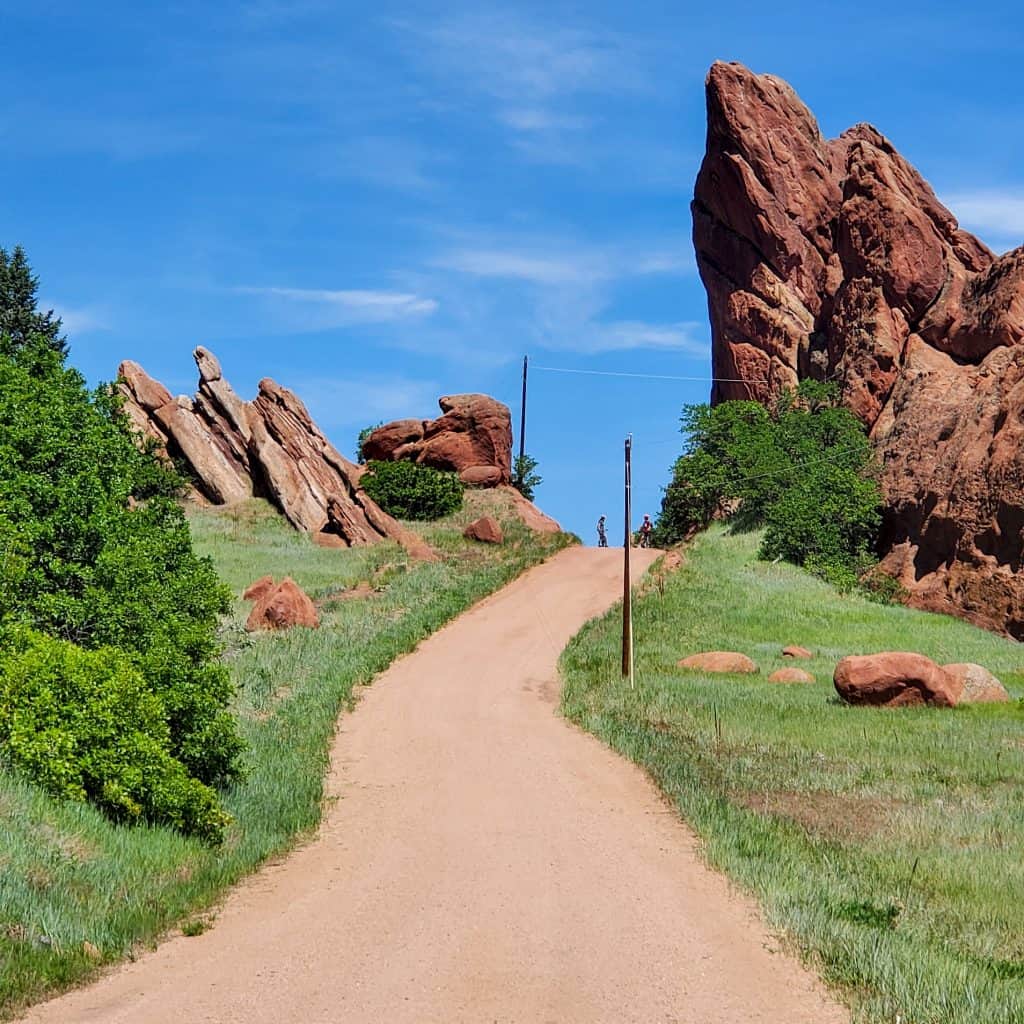 Red sandstone rock formations are seen while hiking in Roxborough State Park, Douglas County, Colorado.