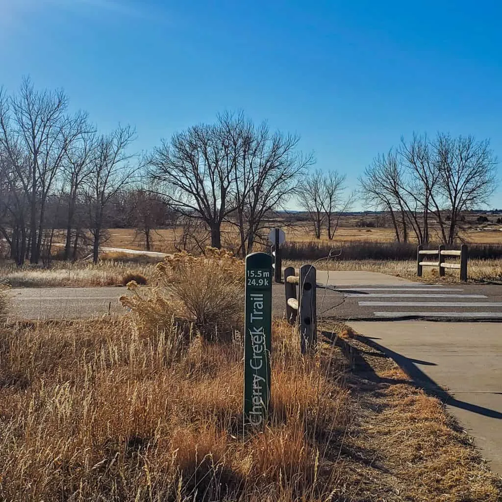 12.5 m 24.9 km green mile marker for the Cherry Creek trail in Cherry Creek State Park