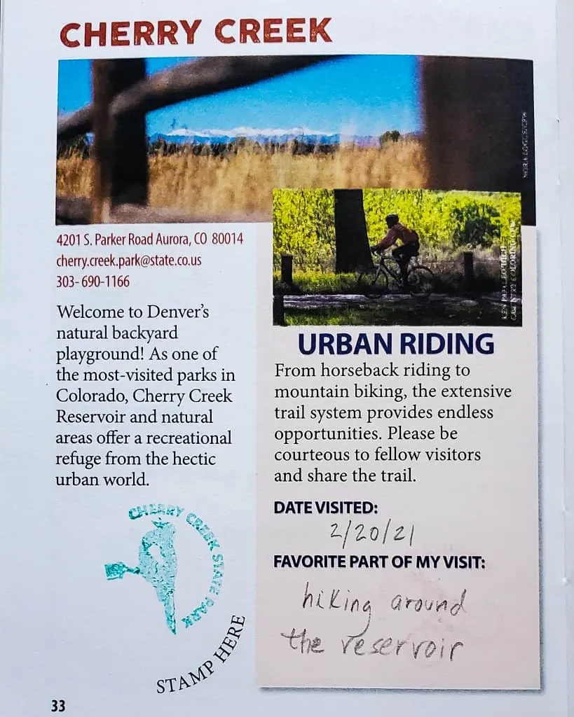 Colorado State Parks Passport, page for Cherry Creek State Park