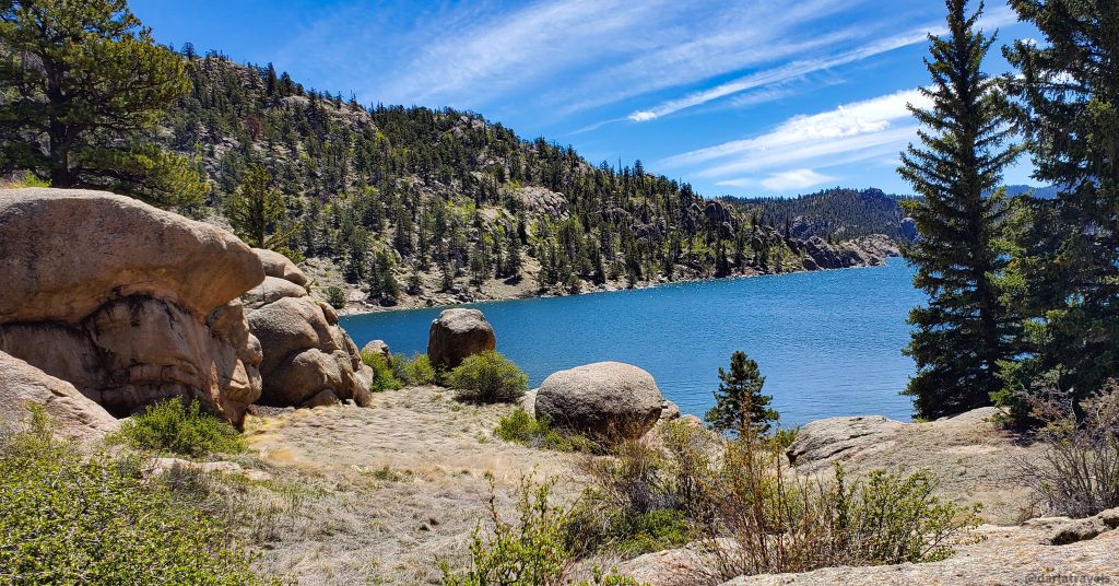 View of Eleven Mile Reservoir from the backcountry campground area in Eleven Mile State Park; hiking near Woodland Park