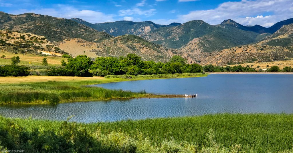 mountains in the distance, reservoir surrounded by green grass and trees in the foreground.  