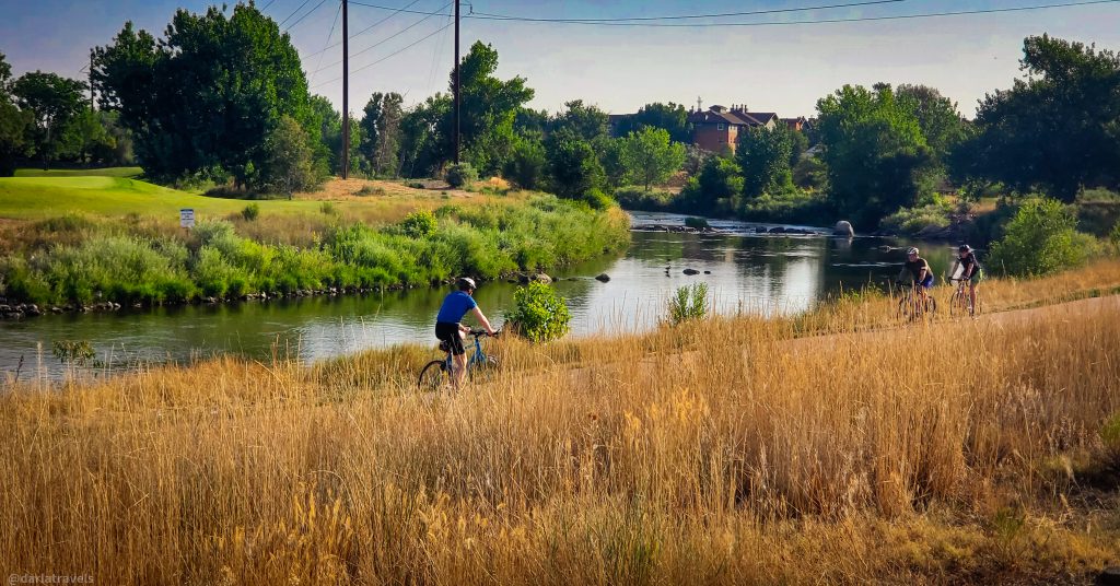 river bend with a bike trail next to it, golden tall grass in the foreground, green bushes and trees on either side of the river; Mary Carter Greenway in late summer (a Denver Regional Trail)