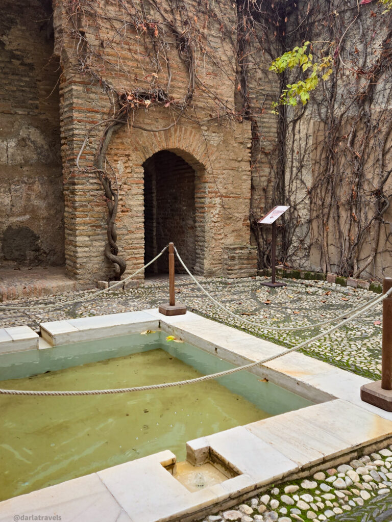 A photo of a historic pool in a courtyard. The pool is rectangular with a shallow depth and has a stone border. The walls of the courtyard are covered in vines and there are ropes hanging across the opening to the pool. Part of El Banuelo, a Dobla de Oro monument in Granada, Spain