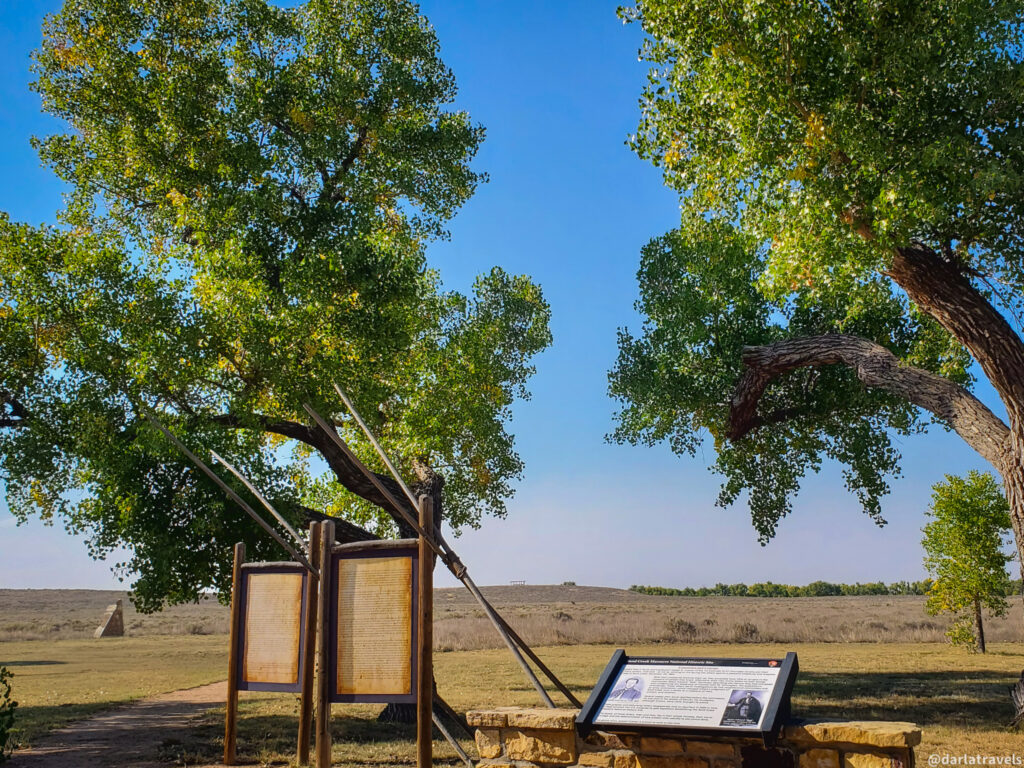 Two large trees with green leaves frame a sunny outdoor scene featuring historical markers. On the left, two framed information boards stand under the shade of a tree, supported by wooden posts and angled towards the viewer. To the right, another information panel rests on a low stone wall. In the background, a vast, dry, grassy field stretches towards the horizon under a clear blue sky. A faint outline of a distant hill or structure is visible on the horizon line. The scene is bathed in natural light, suggesting a peaceful and informative setting within a historical site.