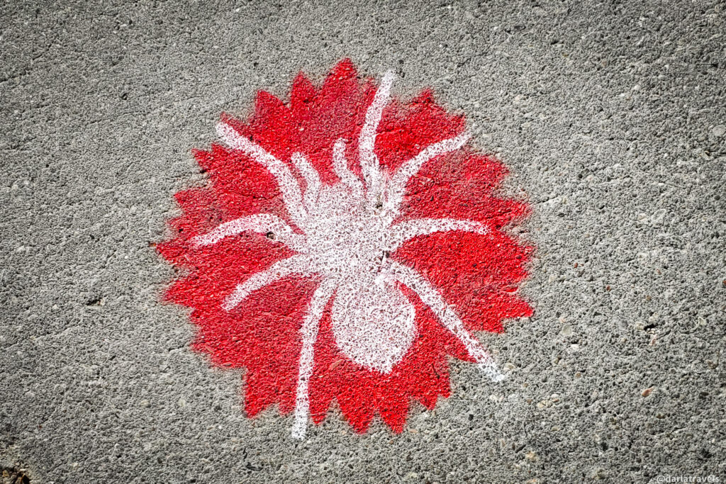 White spider emblem on jagged red shape painted on La Junta, Colorado street surface.