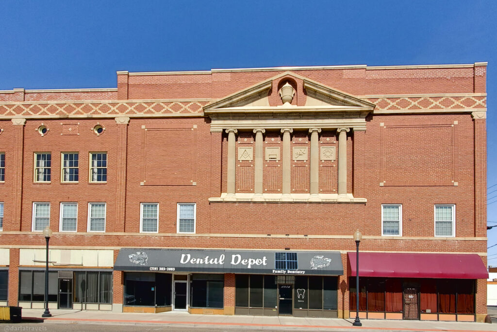 Dental Depot building with Masonic symbols in downtown La Junta, Colorado.