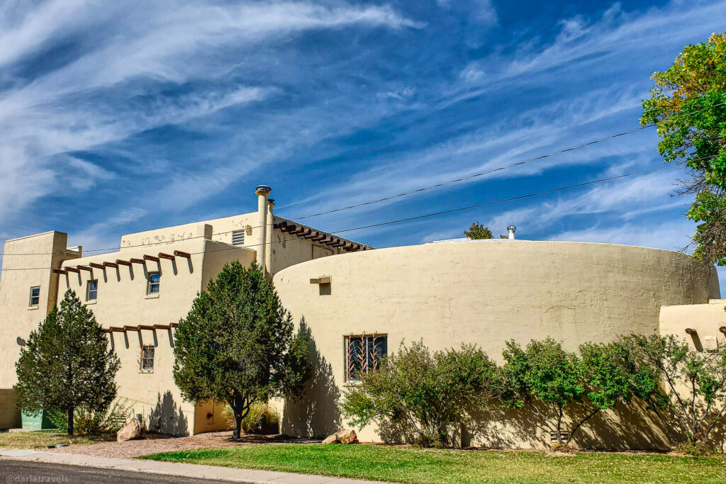 Southwestern-style stucco building with vigas in La Junta, Colorado 