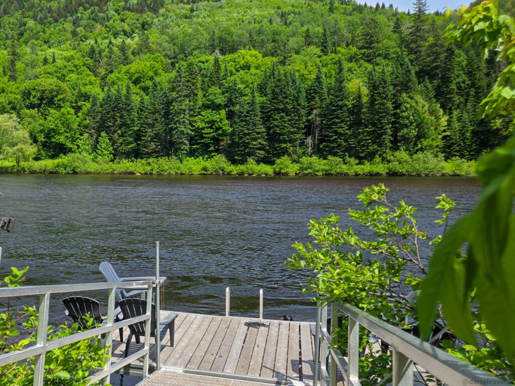 Wooden dock with chairs overlooking a calm river surrounded by dense green forest and vegetation.