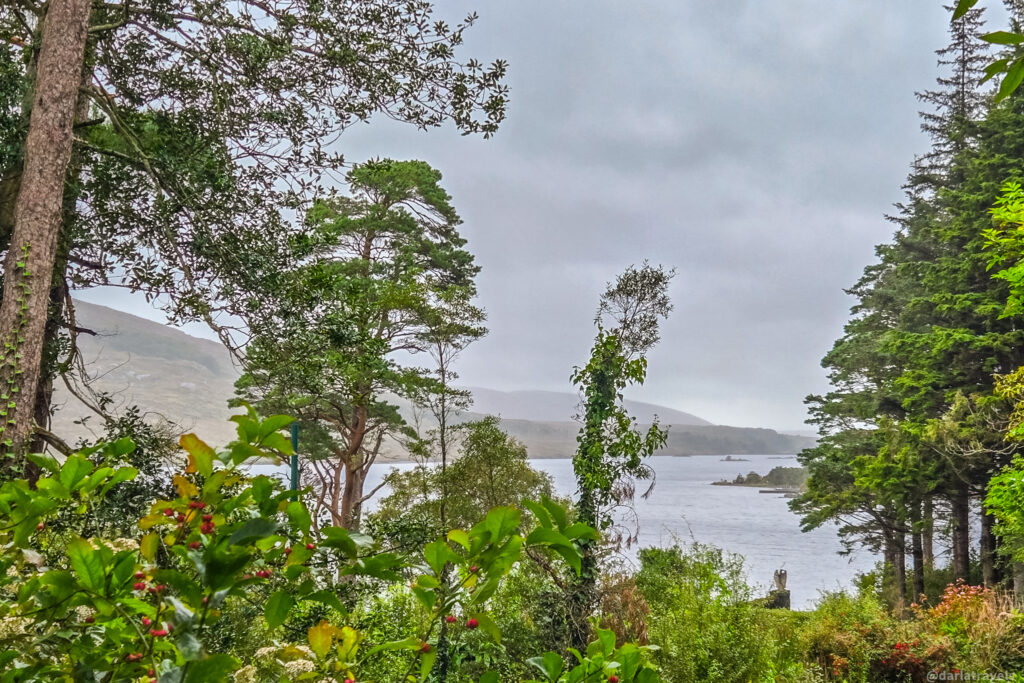 Lush forest near Glenveagh Castle with lake and hills in background, sculpture visible near water’s edge