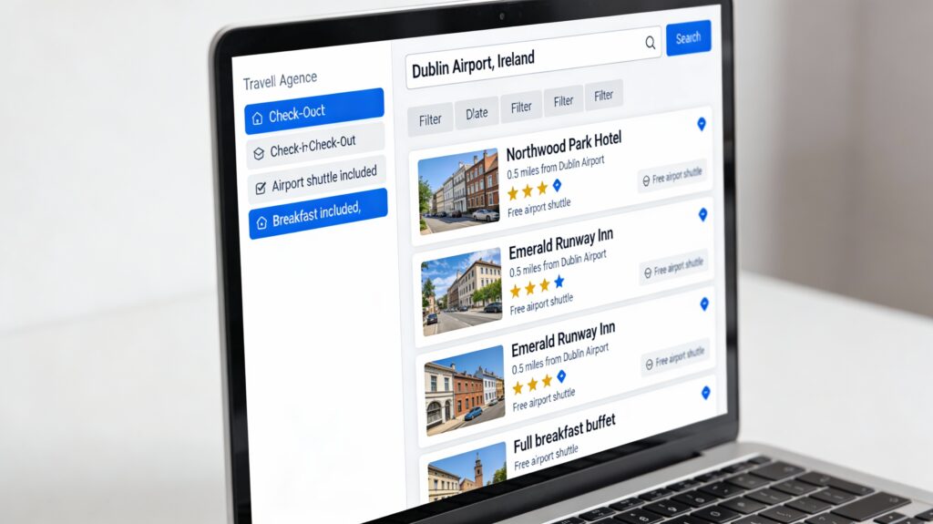 Hotel booking screen showing Dublin Airport listings with shuttle and breakfast filters