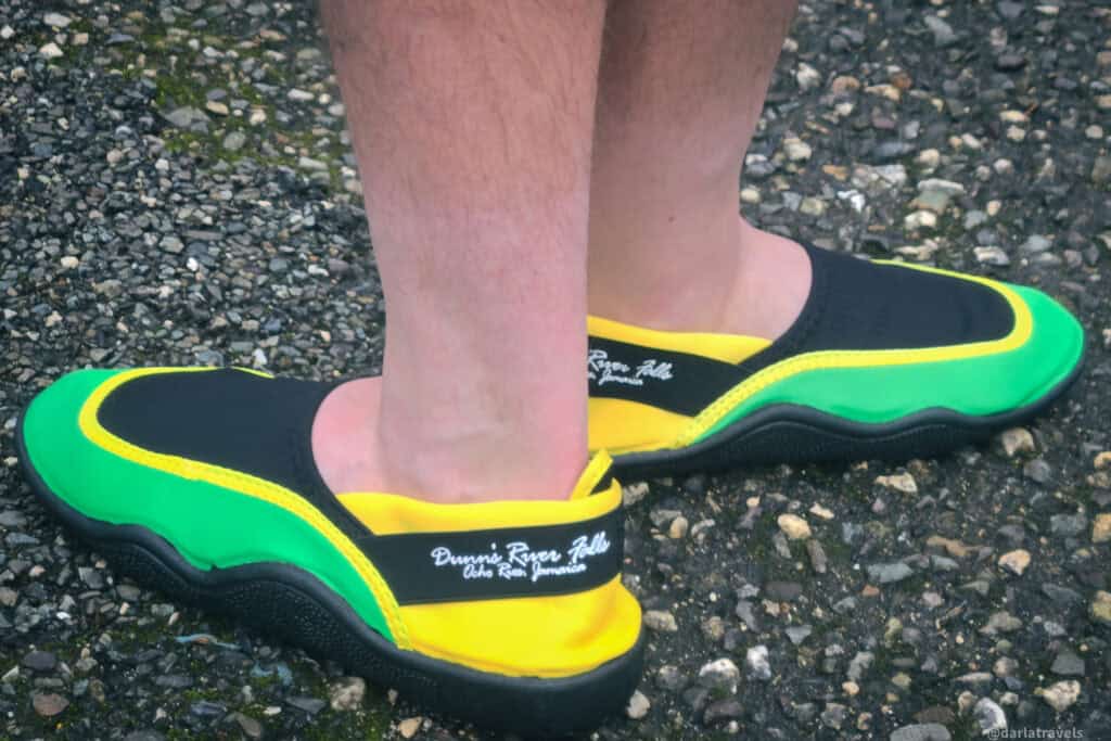 Water shoes worn for safely climbing Dunn’s River Falls on wet, rocky terrain.
