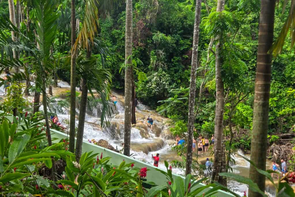 Visitors climbing Dunn’s River Falls along terraced cascades in a tropical forest.