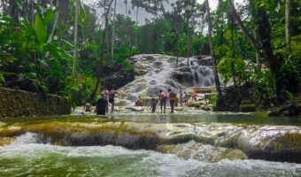 Visitors wading and climbing the natural rock steps of Dunn’s River Falls.