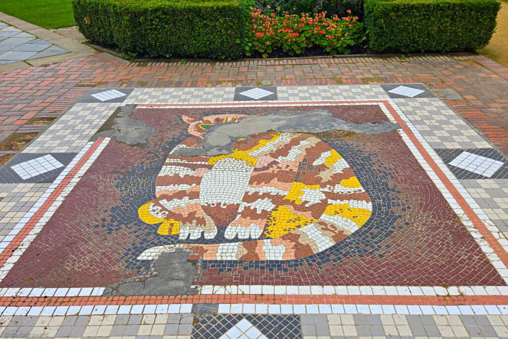 Square mosaic in Belfast Castle’s Cat Garden depicting a sitting tabby cat in warm browns and yellows, with sections of missing tiles revealing weathered concrete beneath.
