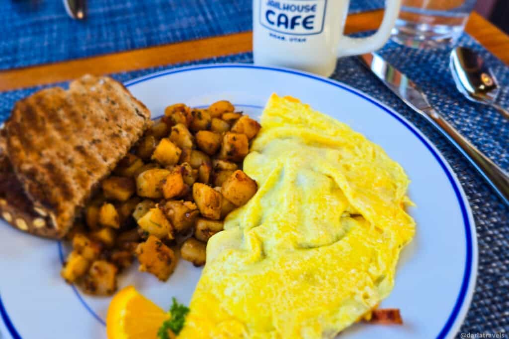 American omelette with breakfast potatoes, wheat toast and coffee at Jailhouse Café in Moab