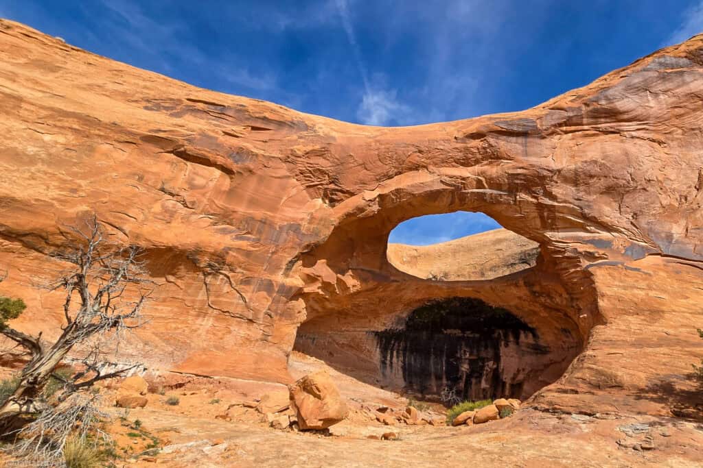 Stacked sandstone arches rising above desert shrubs along a remote Moab‑area trail. Pinto Arch.