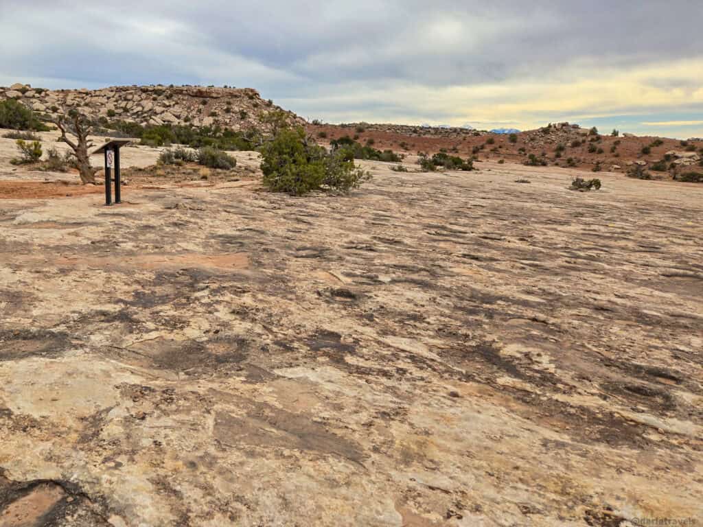 Broad slickrock slope and interpretive sign overlooking boulder‑strewn hills on the Dinosaur Stomping Grounds trail.