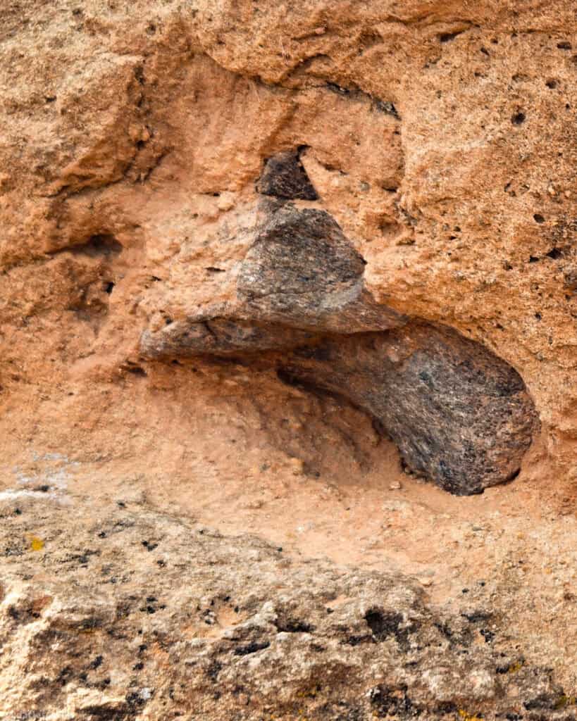 Curved dark inclusion protruding from pale sandstone on a remote Moab rock‑formation trail.
