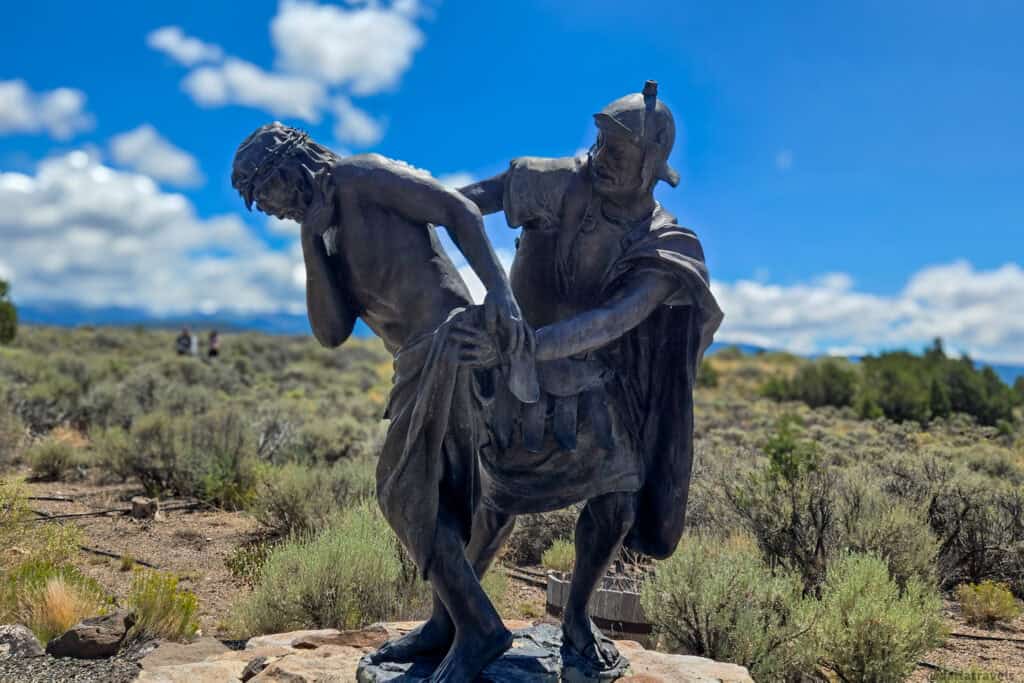 Bronze sculpture of Jesus being stripped at the Stations of the Cross Shrine by Huberto Maestas in San Luis Colorado