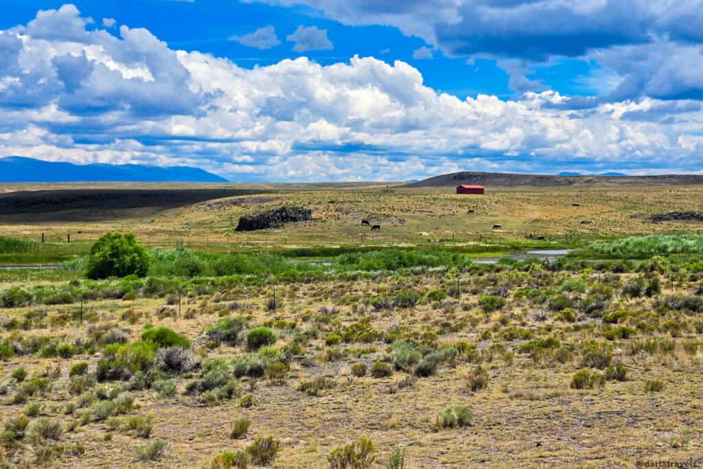 Red barn and grazing horses on sagebrush plain of the San Luis Valley with mountains in the distance in southern Colorado