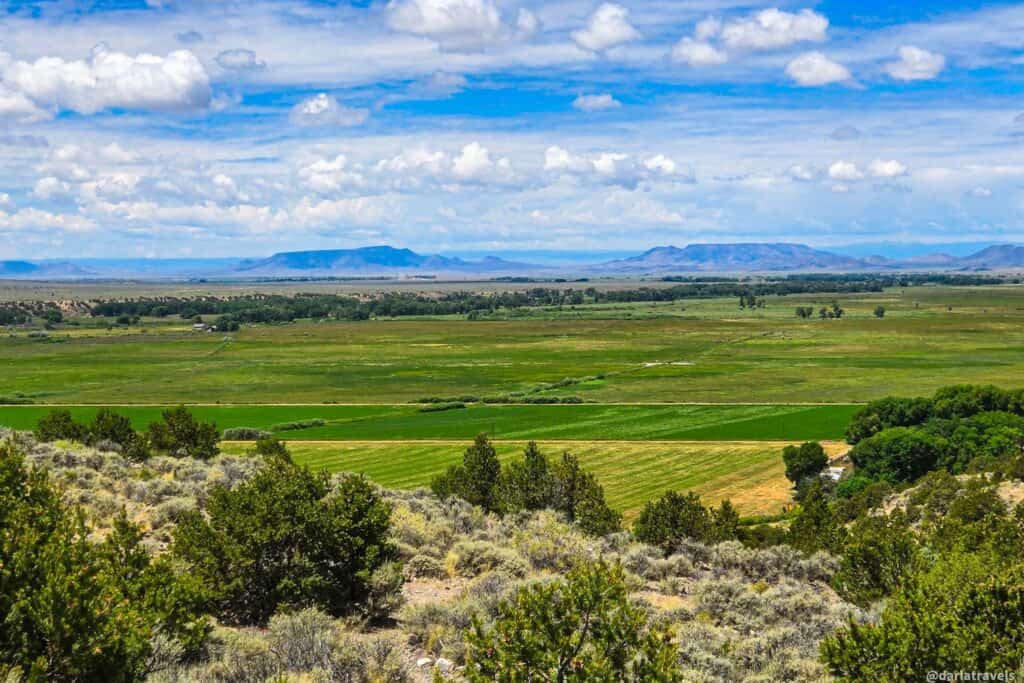 Green San Luis Valley landscape with sagebrush ridge in the foreground and distant mesas under a cloudy sky in southern Colorado