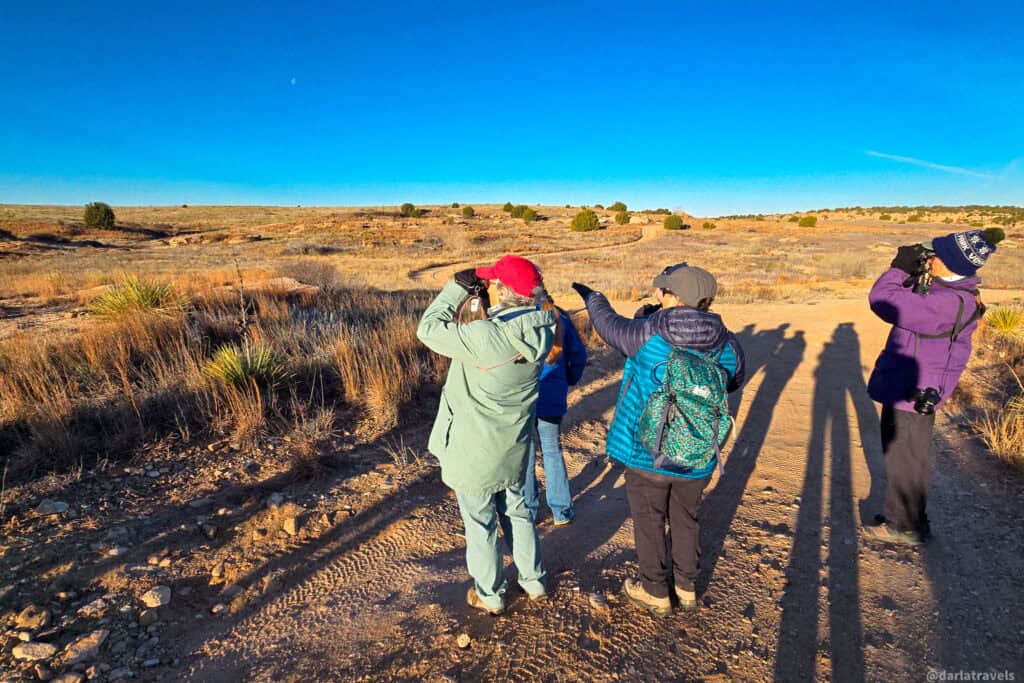 Three birders with binoculars scan a sunny high plains landscape on a dirt trail under a clear blue sky.