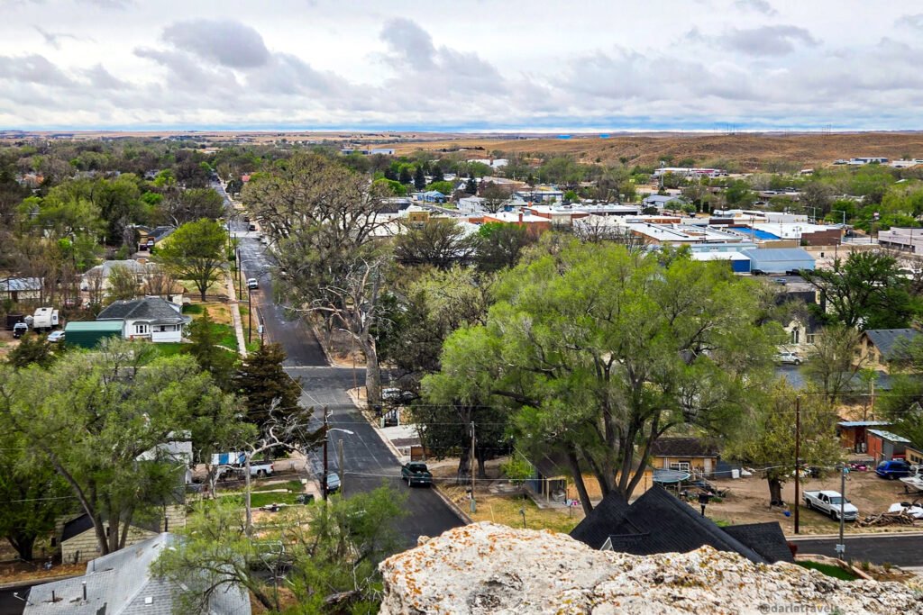 Town of Wray viewed from a rocky hillside at Flirtation Point