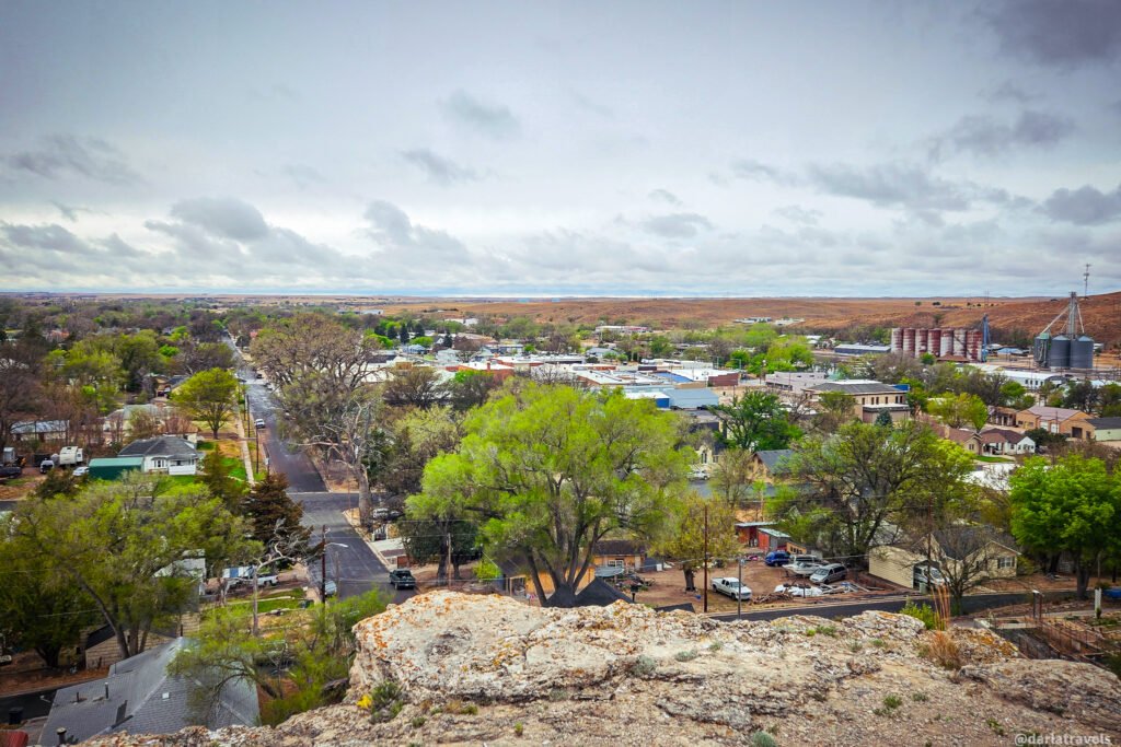 Wray seen from Flirtation Point, with green trees, neighborhood homes, and the Republican River valley and open plains beyond