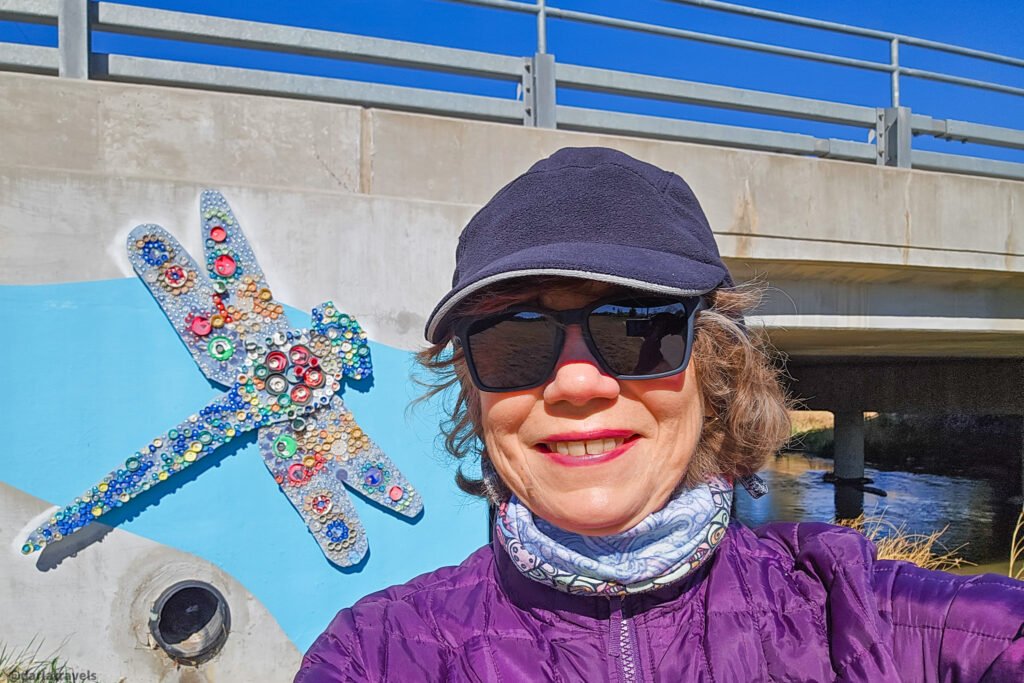 Smiling woman wearing a cap and purple jacket beside a dragonfly mosaic