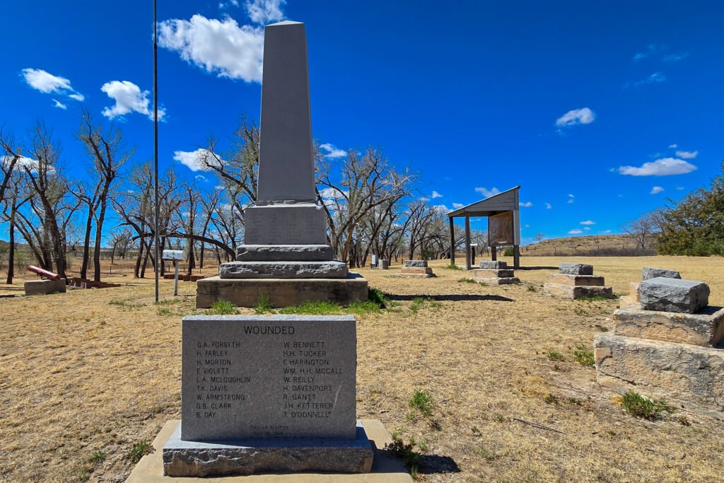 Obelisk monument and stone markers at the Beecher Island Battlefield site