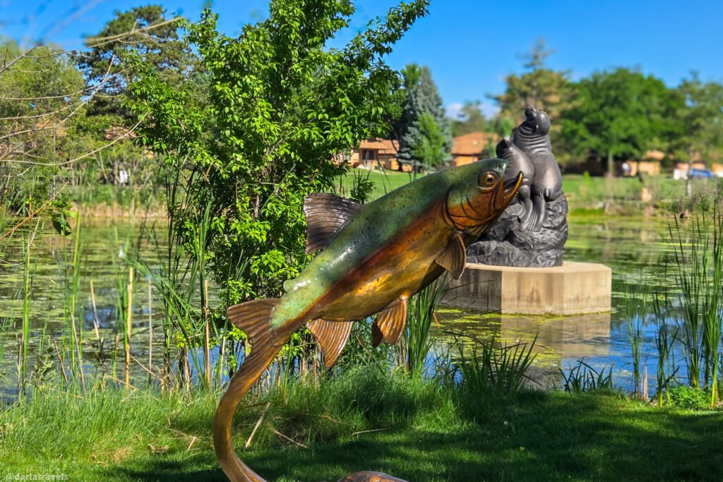 Bronze fish sculpture leaping above a pond, with a seated gray animal sculpture on a stone pedestal among reeds in Loveland, Colorado.