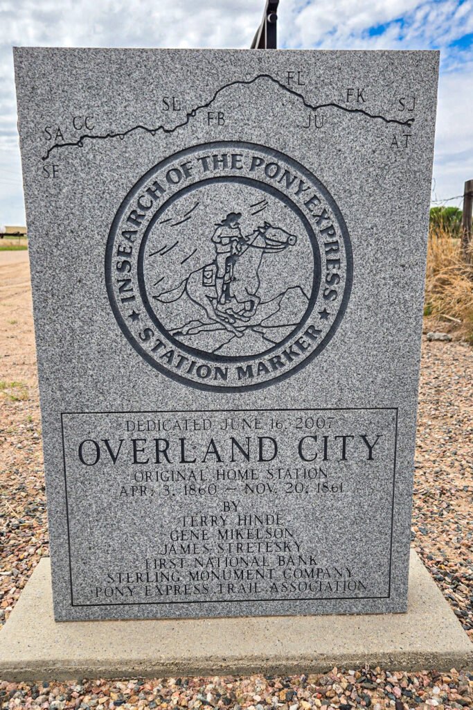 Overland City granite marker identifying a Pony Express home station that operated in 1860 and 1861.