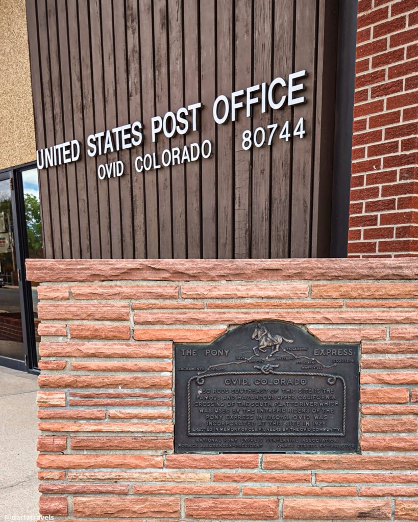 Pony Express historical plaque outside the Ovid, Colorado, post office.