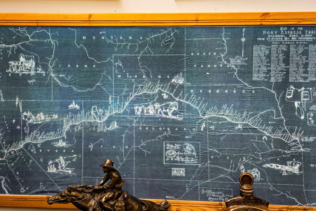 Pony Express Trail map at Fort Sedgwick Museum showing the route through Julesburg between Missouri and California.