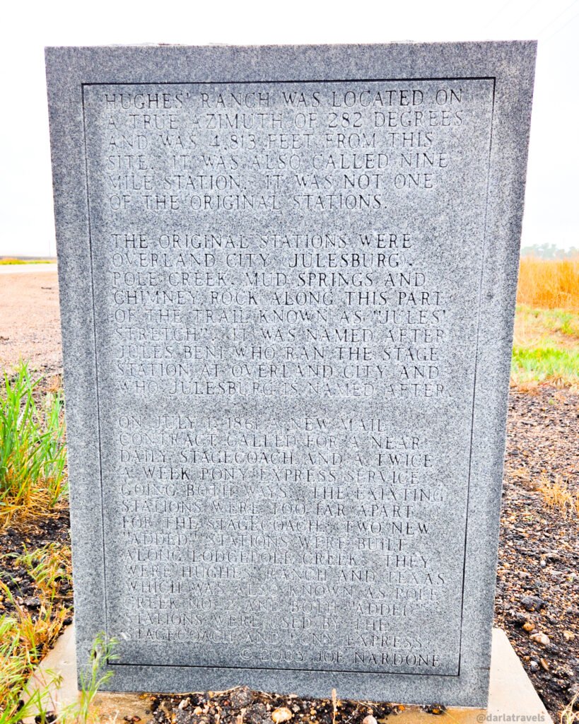 Reverse of the Hughes’ Ranch marker, engraved with station locations and stagecoach and Pony Express history.