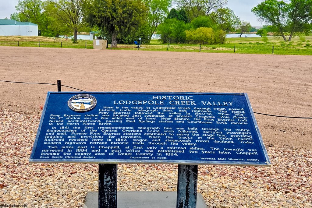 Historic Lodgepole Creek Valley interpretive panel overlooking the grounds of Chappell Pony Express Park.